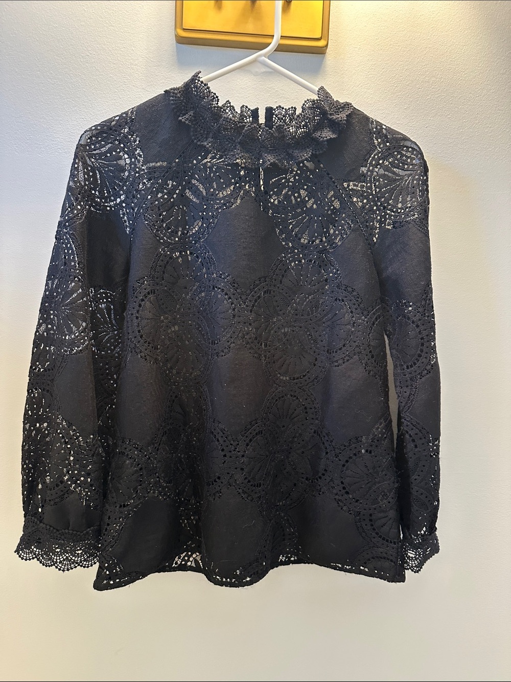 Sezane Womens Black Eyelet Lace Long-Sleeve Blouse